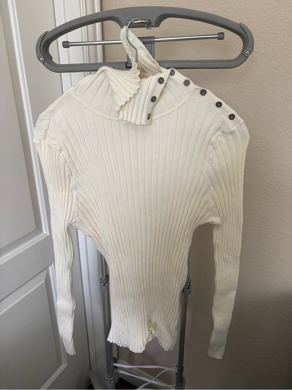 Sundance Cream Ribbed Button-Shoulder Turtleneck Sweater